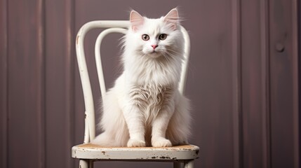 Wall Mural - A cute little fluffy kitty is sitting on a chair or armchair. Portrait of a pet.