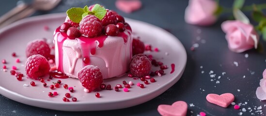 Poster - A pink plate adorned with a dessert featuring raspberries and pink hearts, showcasing a delightful combination of sweet treats and colorful ingredients