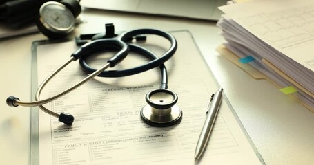 Wall Mural - Stethoscope and pen on medical records in doctor office