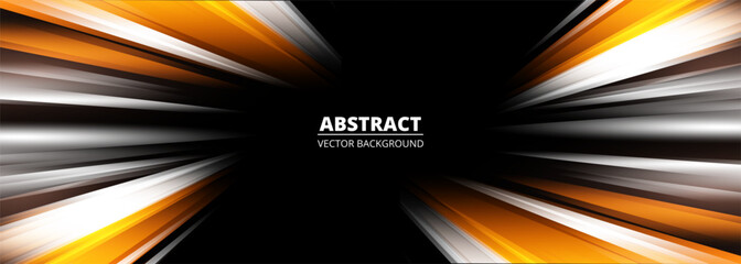 Poster - Fast movement speed lights abstract background with motion effect orange and white lines. Dark wide futuristic banner. Vector illustration