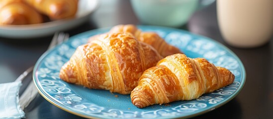 Canvas Print - two croissants are on a blue plate on a table . High quality