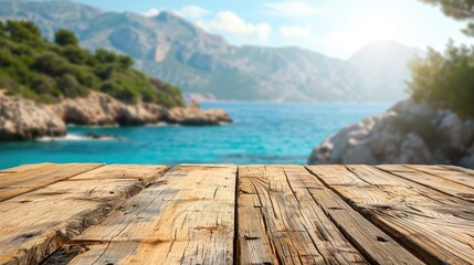 An empty wooden table, a tranquil stage, with a blurred view of a Greek island's coastline, Ai Generated.