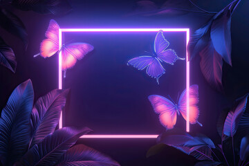 Wall Mural - A frame of green leaves and butterflies with a pink neon light.