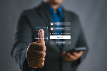 Fototapete - User's online security check system. Businessman using fingerprint. Digital transformation technology strategy, transformation of ideas and the adoption of technology in business in the digital age.