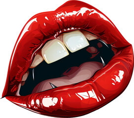 Wall Mural - Red lips and vampire fangs, isolated on transparent background. PNG