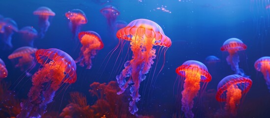 Sticker - a group of jellyfish are swimming in the ocean . High quality