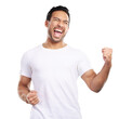 © Suresh/peopleimages.com - Isolated man, happy and fist celebration, success and goals with shout by transparent png background. Asian person, model and winner with cheers, clothes and excited for giveaway prize in Indonesia