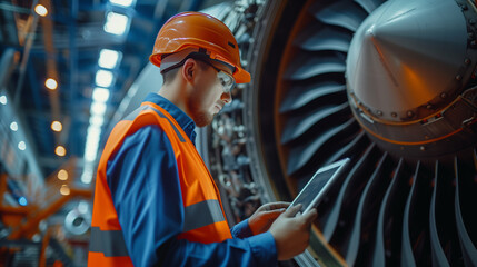 Wall Mural - Aviation engineer examining the engine of a commercial airplane with a digital tablet in hand, displaying maintenance data in the spacious aircraft repair factory.