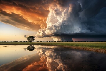 a dramatic reflection of a thundercloud casting a dark shadow over a field