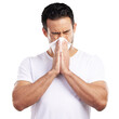 © Suresh/peopleimages.com - Man, blowing nose and sneezing for allergies, sick with influenza and tissue isolated on png transparent background. Hayfever, sinus or virus with toilet paper for cold, flu and mucus with burnout