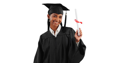 Wall Mural - Graduation success, certificate or portrait of graduate with education, college or university goal. Indian woman, happy or proud student excited by achievement isolated transparent png background