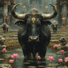 a bull standing in a pond of water with lotuses