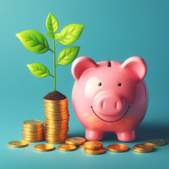 pig piggy bank with coins. isolated piggy bank isolated on blue background. Investment success, savings concept 