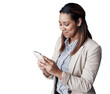 © Shubham/peopleimages.com - Business woman, happy or smartphone with notification, text or social media for online networking. IT consultant, positive and smile on mobile app for email and isolated on transparent png background