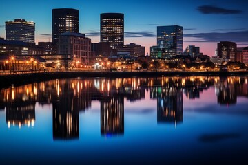 Wall Mural - The city reflecting in a glassy river at dusk