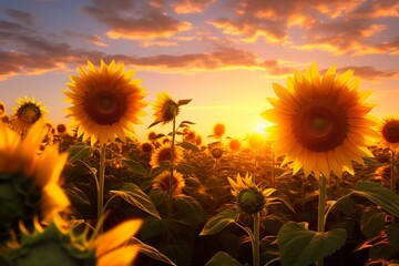 Poster - The golden hour light on a field of sunflowers