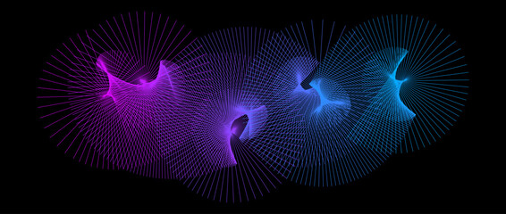 Poster - Neon radiating spiral shape pattern. Abstract spreading rotating lines. Blue purple spinning circle on black background. Futuristic cloud concept. Digital aurora and moire effect. Vector backdrop