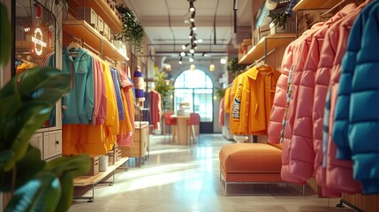 Wall Mural - A trendy cloth shop, focusing on the diversity and fashion-forward nature of the displayed women's clothing. Generative AI.