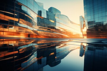 Wall Mural - A mesmerizing reflection of a modern office building with abstract distortions