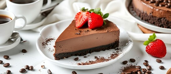 Sticker - a slice of chocolate cheesecake with strawberries on top on a white plate . High quality