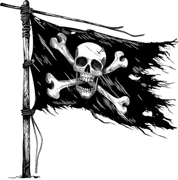 Pirate flag with black and white skull logo isolated on transparent background. PNG
