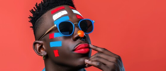 Sticker - a woman with a painted face and sunglasses on her face with a finger to her nose and a finger to her mouth.