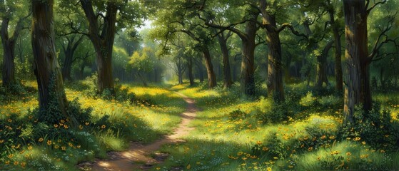 Wall Mural - a painting of a path through a forest with yellow flowers on the ground and trees on the other side of the path.