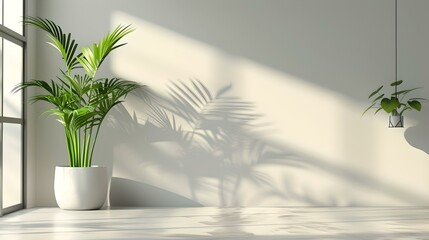 Poster - Minimalist indoor space with natural sunlight and potted plants. serene interior for calm living. modern decor with greenery. peaceful room design. AI