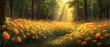 a painting of a sunlit forest filled with wildflowers and a path leading to a forest filled with trees.