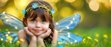 A Little Girl Laying On The Grass With A Blue Butterfly Wings On Her Head And A Smile On Her Face.