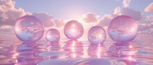 A Group Of Glass Balls Floating In A Body Of Water Under A Cloudy Blue Sky With The Sun Shining Through The Clouds.