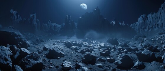 Sticker - a black and white photo of a rocky area with a full moon in the sky and some rocks in the foreground.