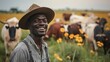 Black man farmer with mission at farm, cow and agriculture for livestock, field and industry. Generative AI.