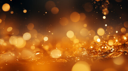 Gold background. Bubbles underwater with bokeh effect. AI generative