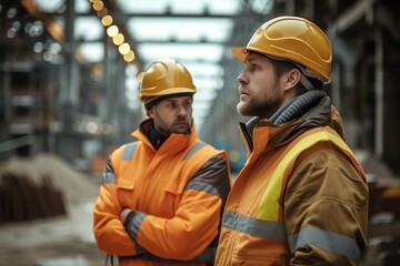 Back view of workers discussing project at construction site with lots of buildings in the background. Generative AI.