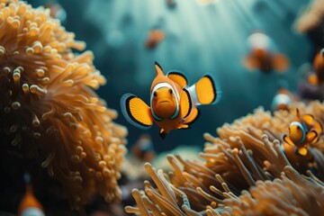 Wall Mural - Clown fish under the sea, algae and corals. Generative AI.