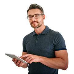 Portrait, tablet and designer man in glasses isolated on transparent background for creative business. Technology, design or social media with confident person on PNG to search for information