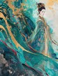 ancient Chinese goddess in traditional dress with abstract floral pattern, woman profile view, fantasy art, 3d wallpaper, abstract illustration, green, gold, AI