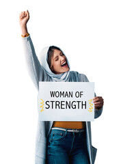 Poster - Woman, cheer and banner for activism, confidence and gender equality for girl power. Muslim, hijab and celebration for proud women, smile and empowerment isolated on a transparent, png background