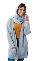 Poster - Fashion, hijab and portrait of young muslim woman with casual, trendy and modern outfit. Happy, head scarf and islamic person with traditional religion style isolated by transparent png background.