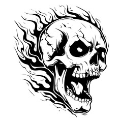 Wall Mural - human skull small fractures angry yelling with flames