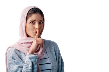 Sticker - Muslim, woman and finger on lips with secret or whisper in portrait on transparent, isolated or png background. Gossip, story and Islamic girl in hijab with privacy information, announcement or news