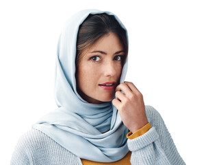 Canvas Print - Islamic, woman and portrait with hijab or confidence for eid with casual fashion, trendy outfit and calm expression. Muslim person, face and serious with relax isolated on png transparent background