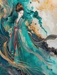 ancient Chinese goddess in traditional dress with abstract floral pattern, fantasy art, 3d wallpaper, abstract illustration, green, gold, AI
