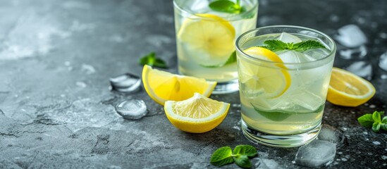 Poster - Two glasses of refreshing lemonade, served on a table with ice, lemon slices, and a hint of citrus. The perfect summer drink to cool down