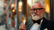Portrait of a fashionable handsome adult man in a tuxedo and bow tie holding a glass of champagne against the background of the street.