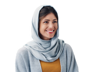 Poster - Muslim, woman and happy with hijab or confidence for eid with casual fashion, trendy outfit and calm expression. Islamic person, face and smile with relax isolated on png transparent background