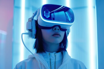 Wall Mural - Beautiful asian woman wearing virtual reality goggles.