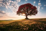 Fototapeta Natura - Single majestic tree with red foliage standing on a flowering meadow at sunset.