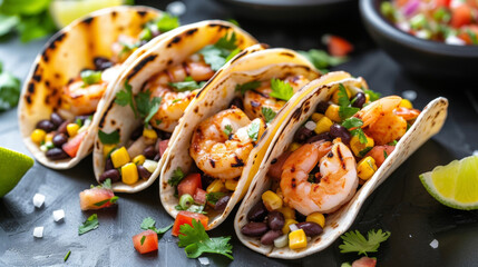 Wall Mural - These mouthwatering grilled shrimp tacos are a fiesta in every bite with savory shrimp black beans and corn nestled in a warm tortilla and topped with a fiery homemade salsa.